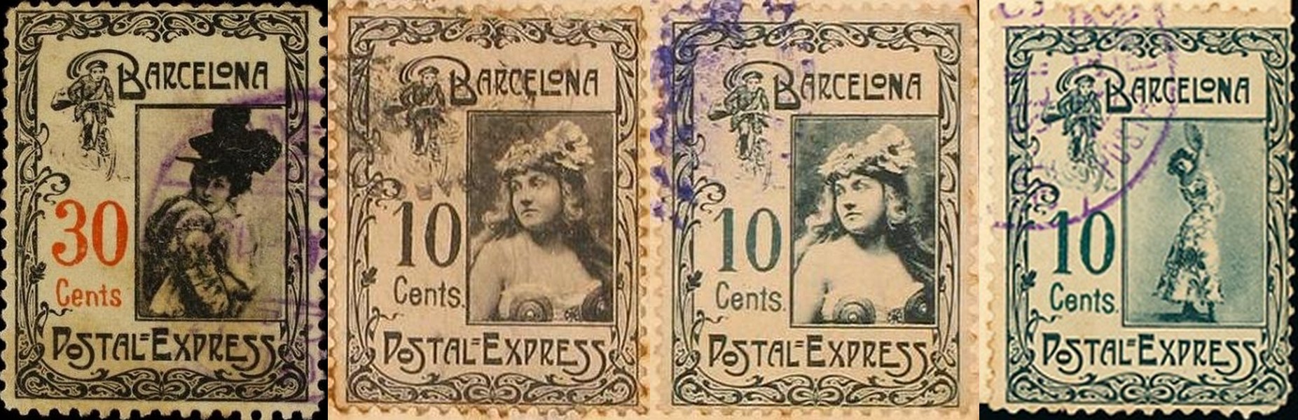 Barcelona-Postal-Express-Farbvarianten-Briefmarke-Stamp-Sello-Timbro–francobollo-Timbre-Frimærke-Postzegel-Známky-Poštneznamke-Znaczki